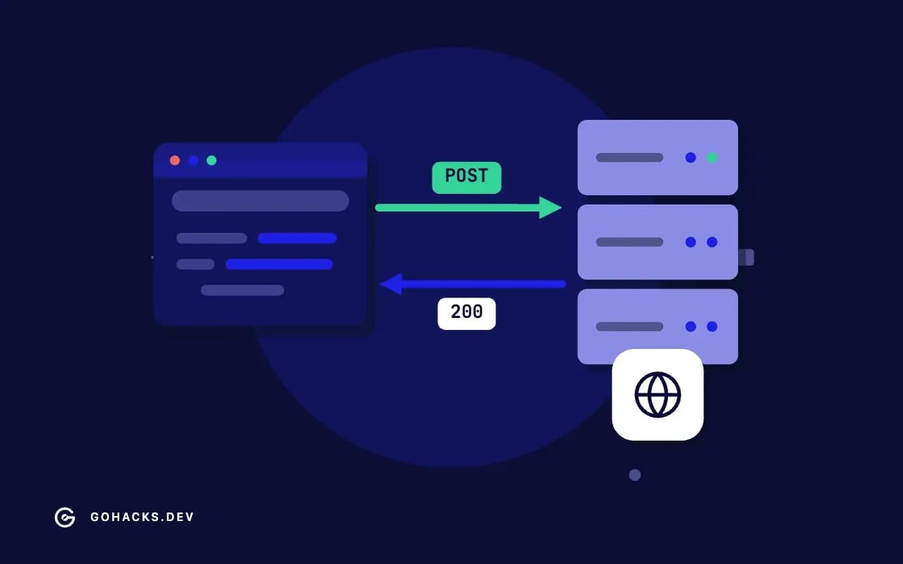 Flat illustration of a browser and a server trading a request and a response.