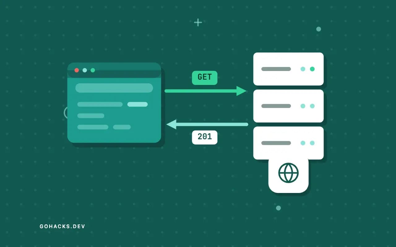 Flat illustration of a browser and a server trading a request and a response.