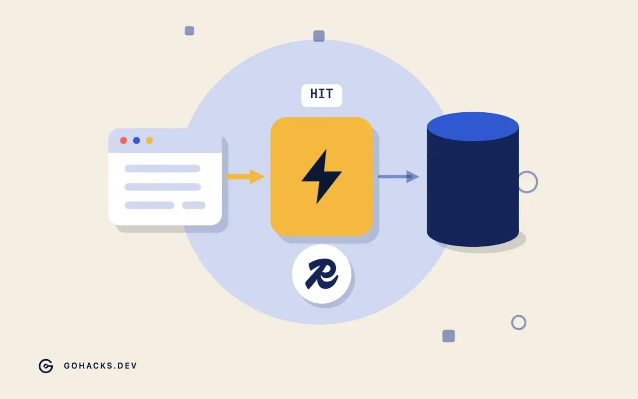 Flat illustration of an app reading through a fast cache in front of a database, with the Redis logo.