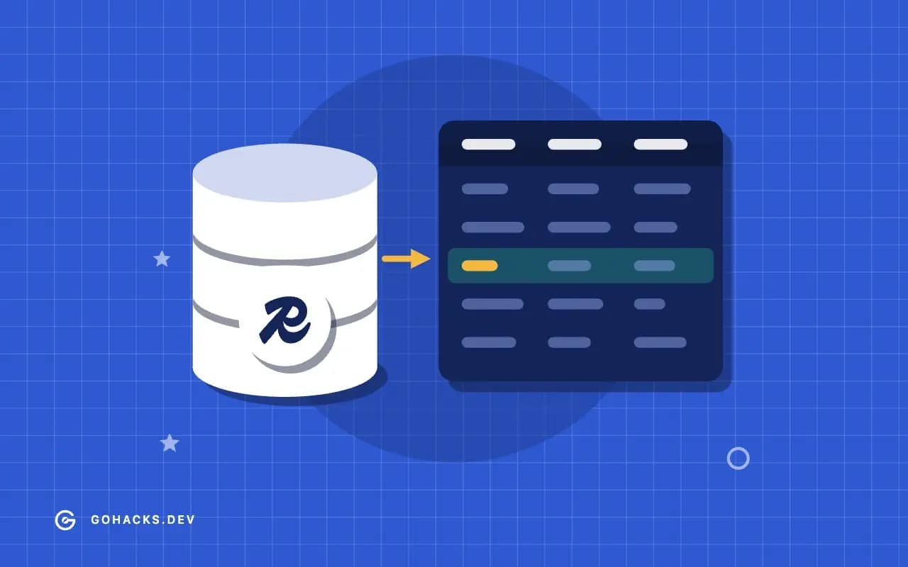 Flat illustration of a database beside the table it holds, with the Redis logo.