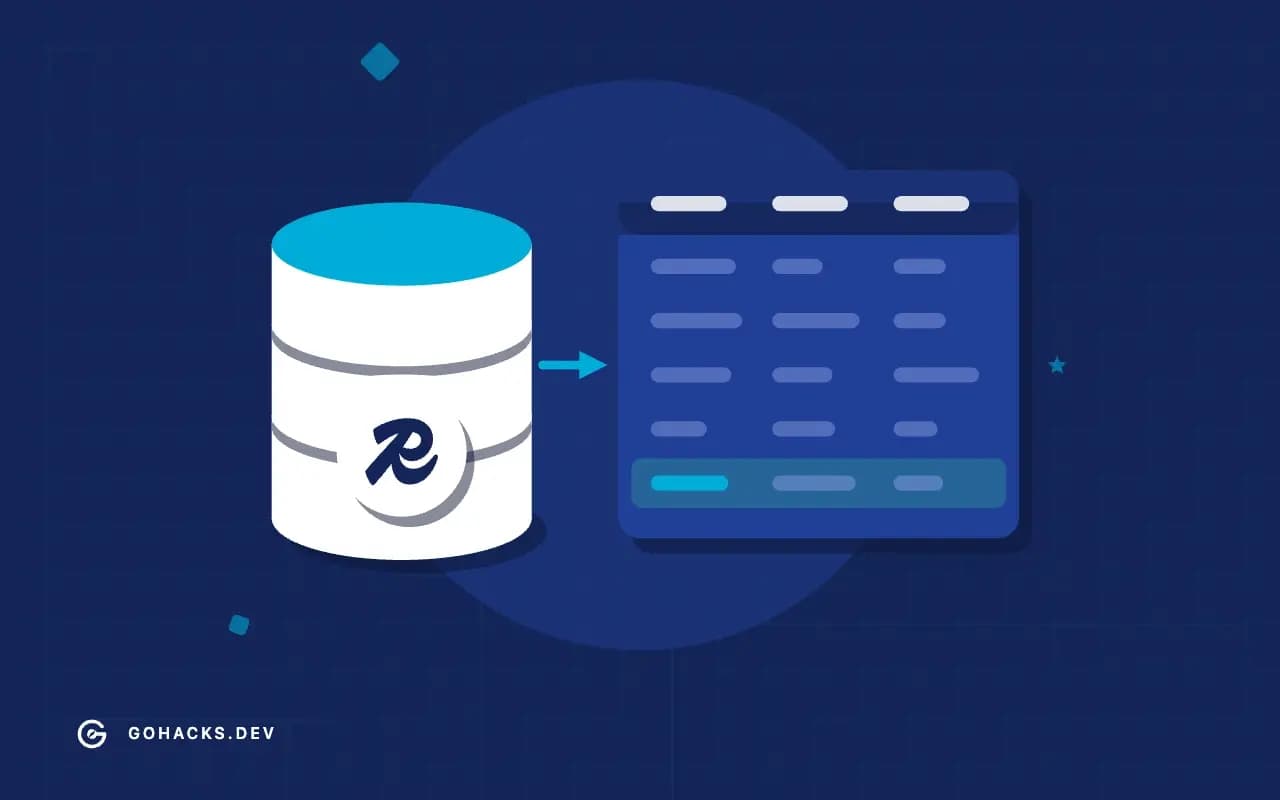 Flat illustration of a database beside the table it holds, with the Redis logo.