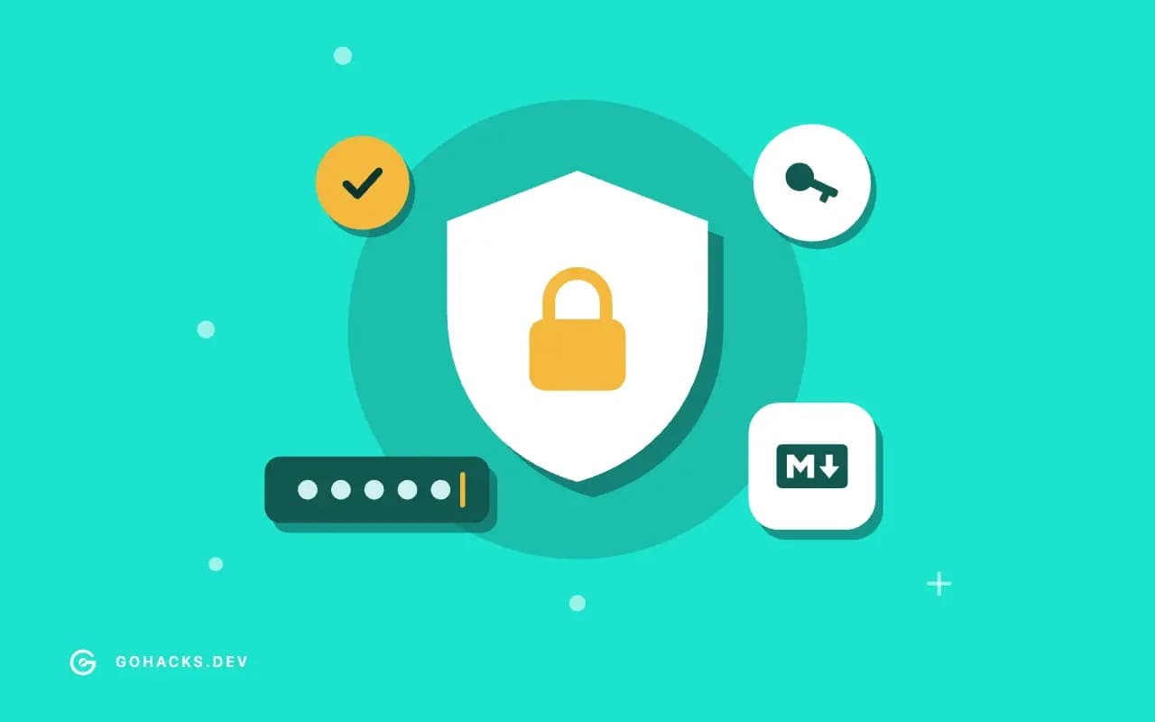 Flat illustration of a shield with a lock, a key and a password field, with the Markdown logo.