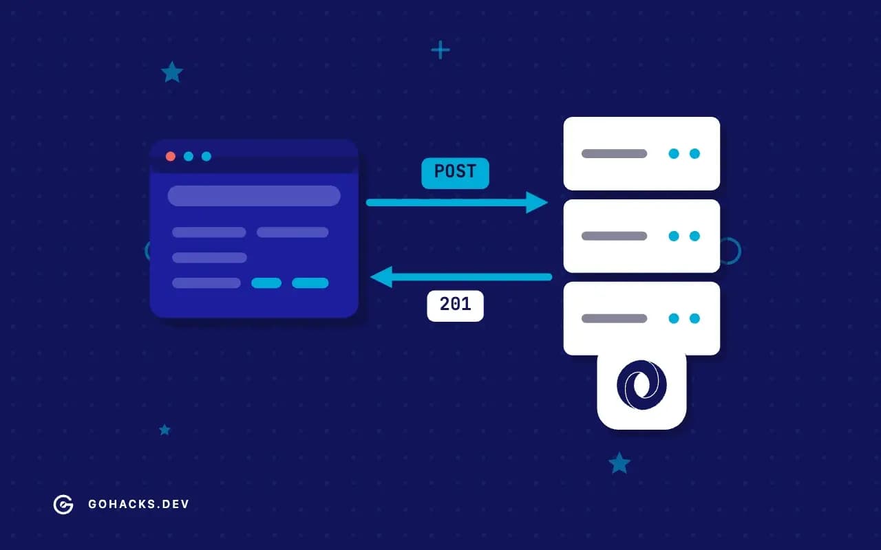 Flat illustration of a browser and a server trading a request and a response, with the JSON logo.