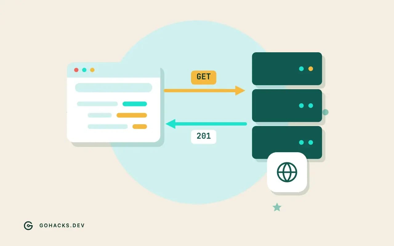 Flat illustration of a browser and a server trading a request and a response.