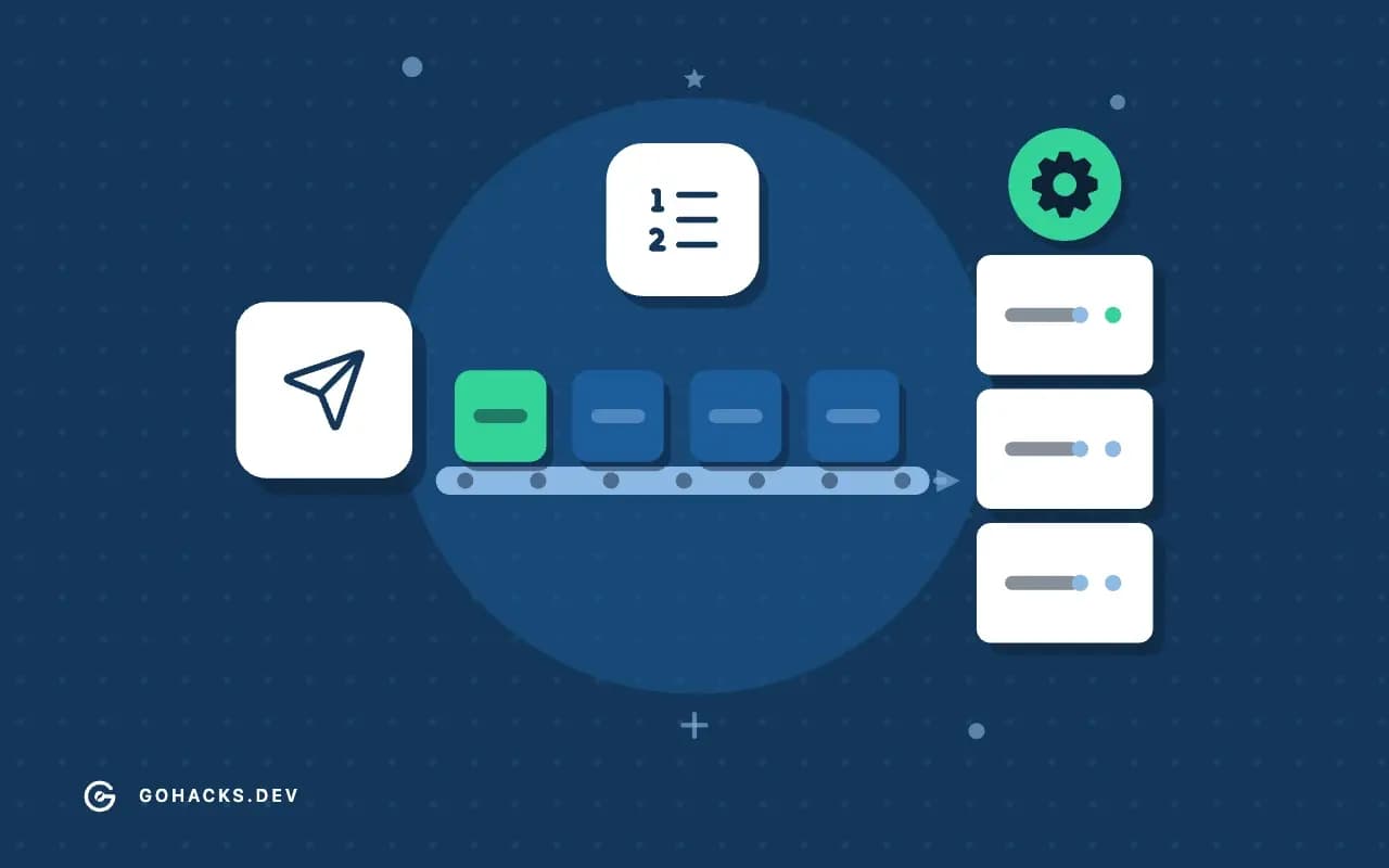 Flat illustration of jobs on a conveyor heading to a rack of workers.