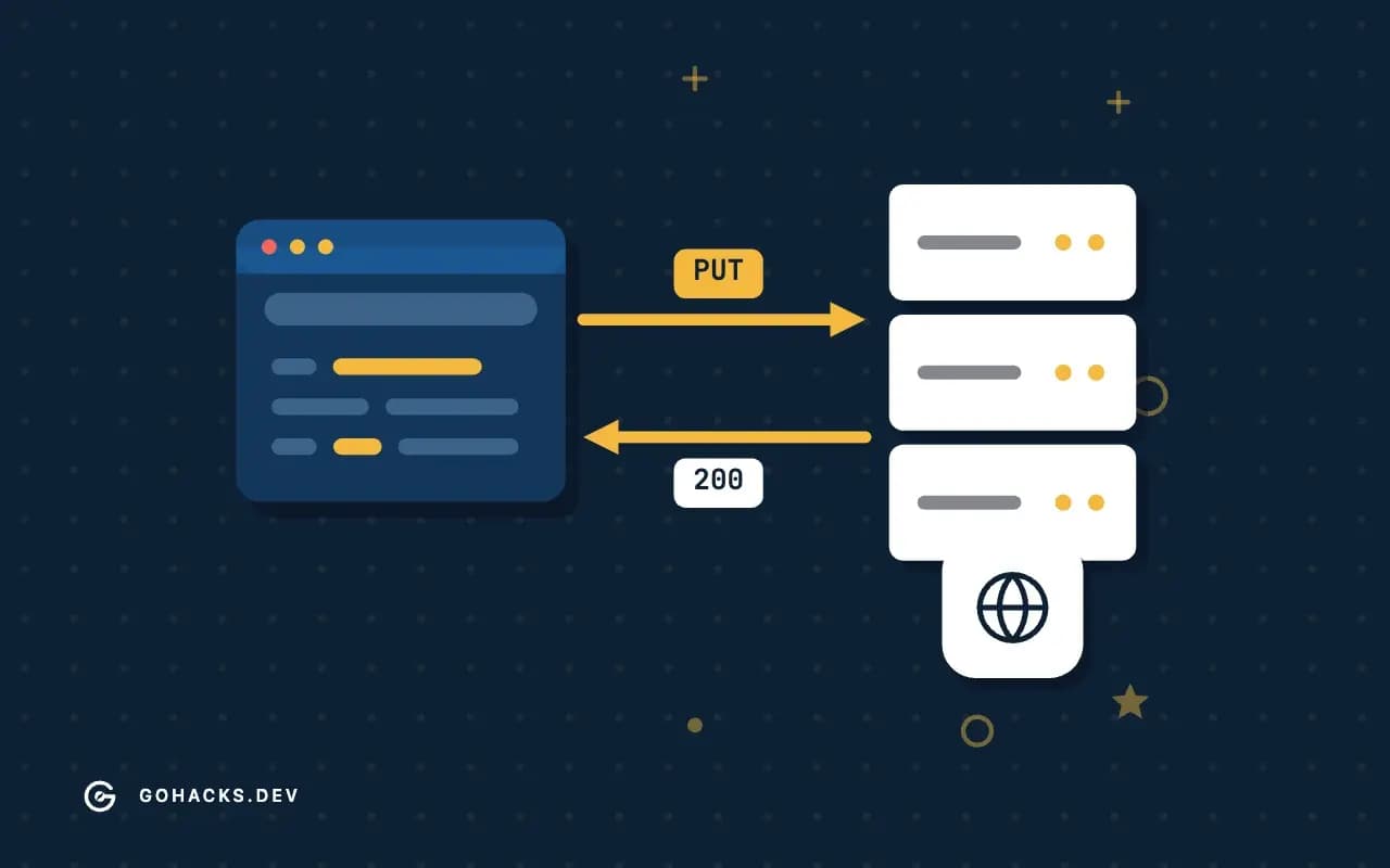 Flat illustration of a browser and a server trading a request and a response.