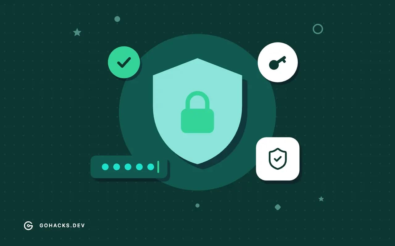 Flat illustration of a shield with a lock, a key and a password field.
