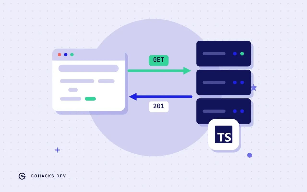 Flat illustration of a browser and a server trading a request and a response, with the TypeScript logo.