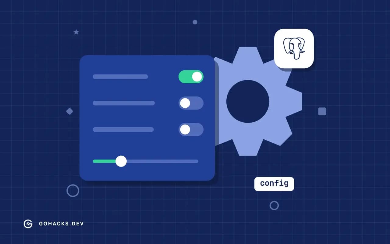 Flat illustration of settings switches, a slider and a gear, with the PostgreSQL logo.