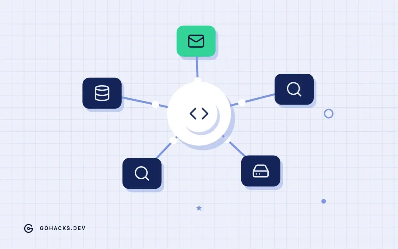 Flat illustration of a gateway connected to a ring of services.