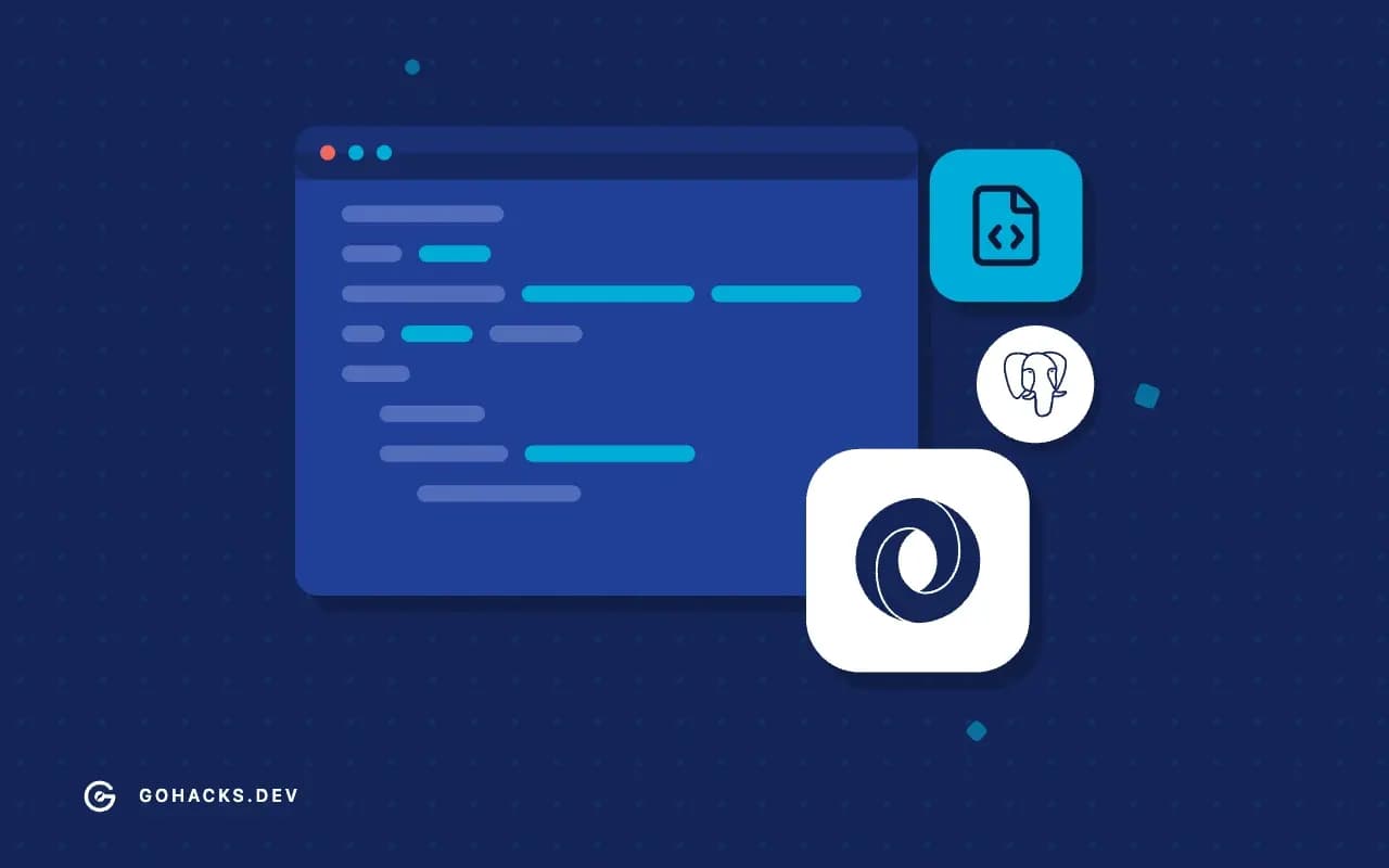 Flat illustration of an editor window full of code, with the PostgreSQL and JSON logos.