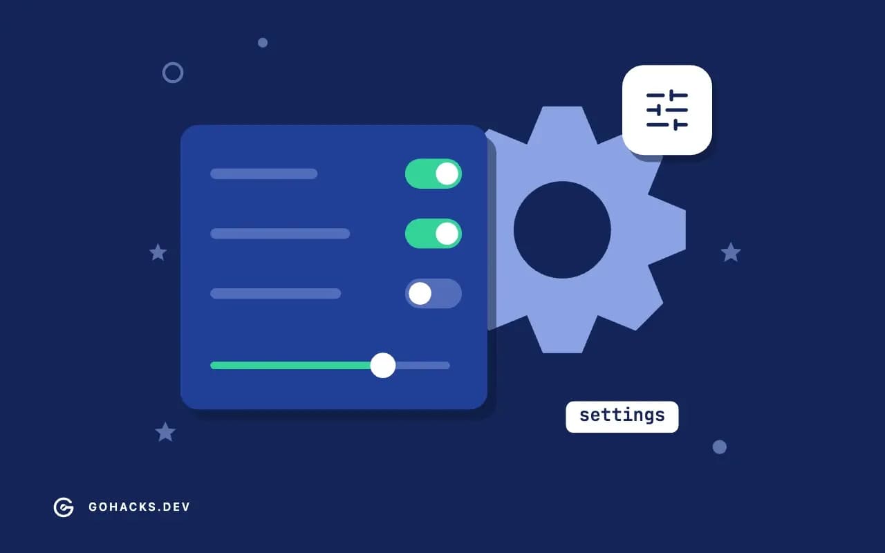 Flat illustration of settings switches, a slider and a gear.