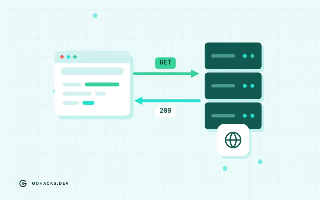 Flat illustration of a browser and a server trading a request and a response.