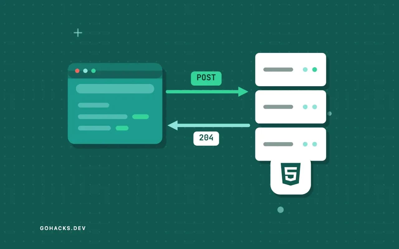 Flat illustration of a browser and a server trading a request and a response, with the HTML5 logo.