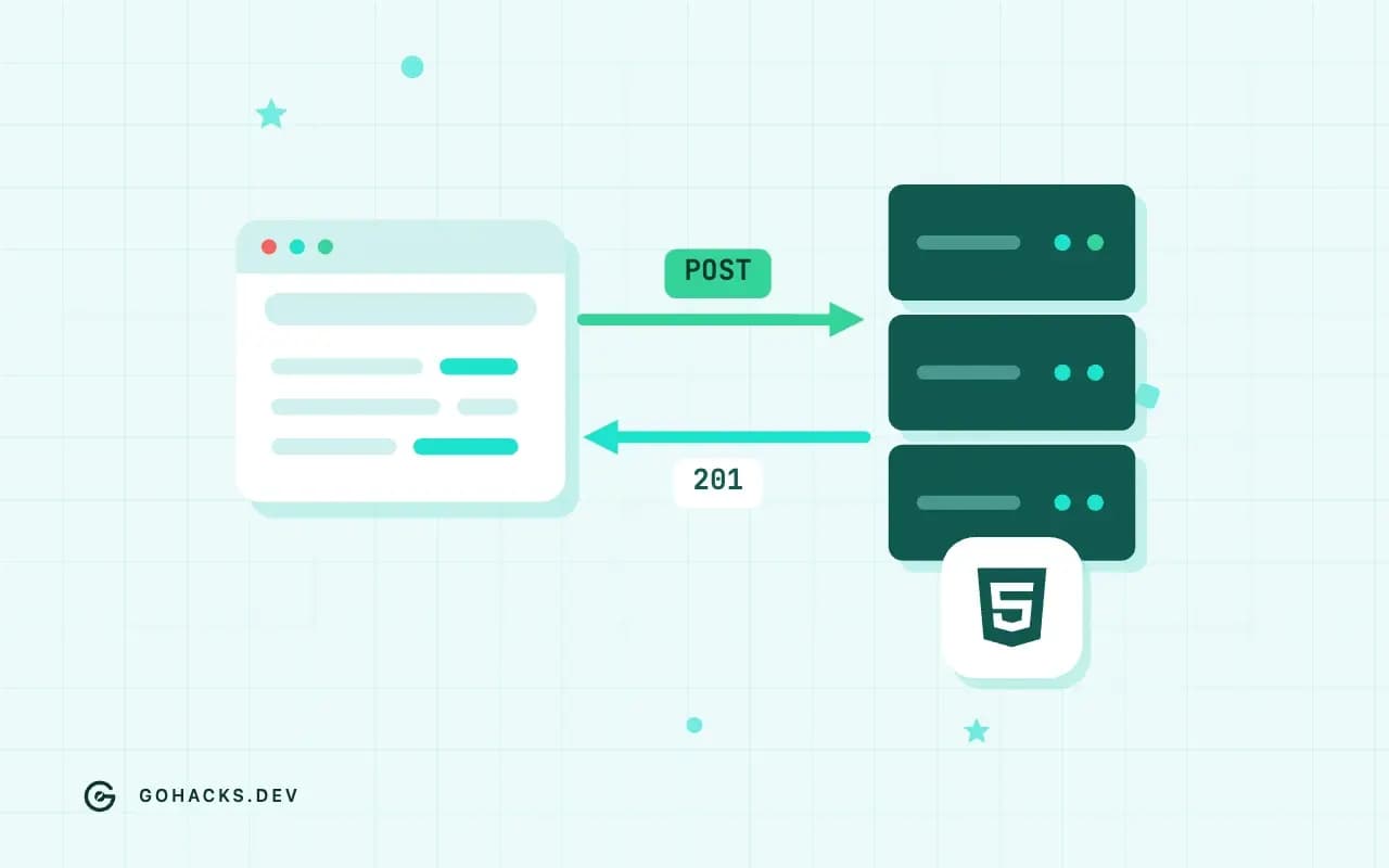 Flat illustration of a browser and a server trading a request and a response, with the HTML5 logo.