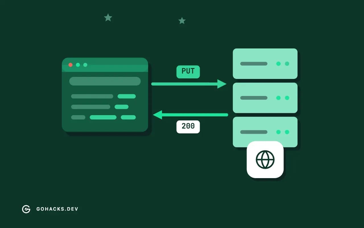 Flat illustration of a browser and a server trading a request and a response.