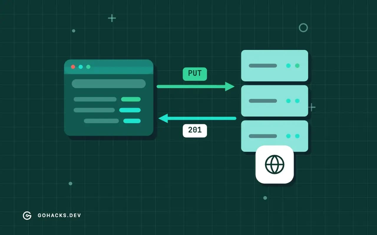 Flat illustration of a browser and a server trading a request and a response.