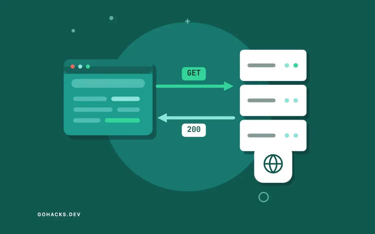 Flat illustration of a browser and a server trading a request and a response.