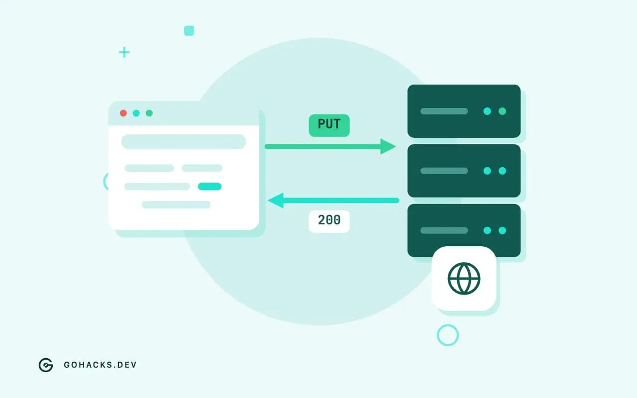Flat illustration of a browser and a server trading a request and a response.