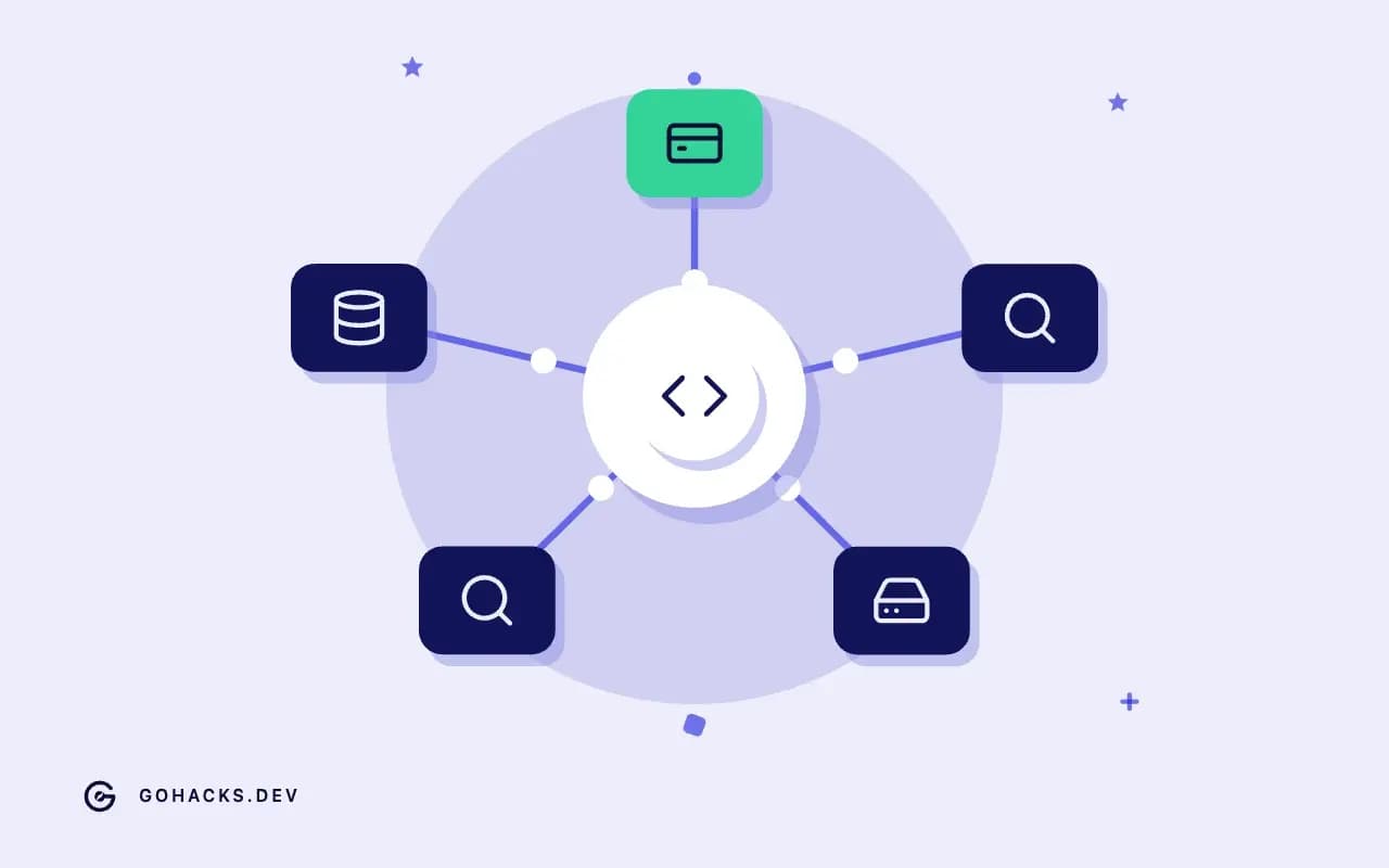 Flat illustration of a gateway connected to a ring of services.