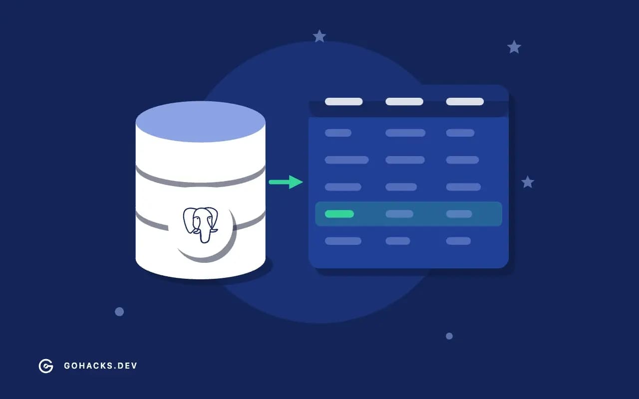 Flat illustration of a database beside the table it holds, with the PostgreSQL logo.