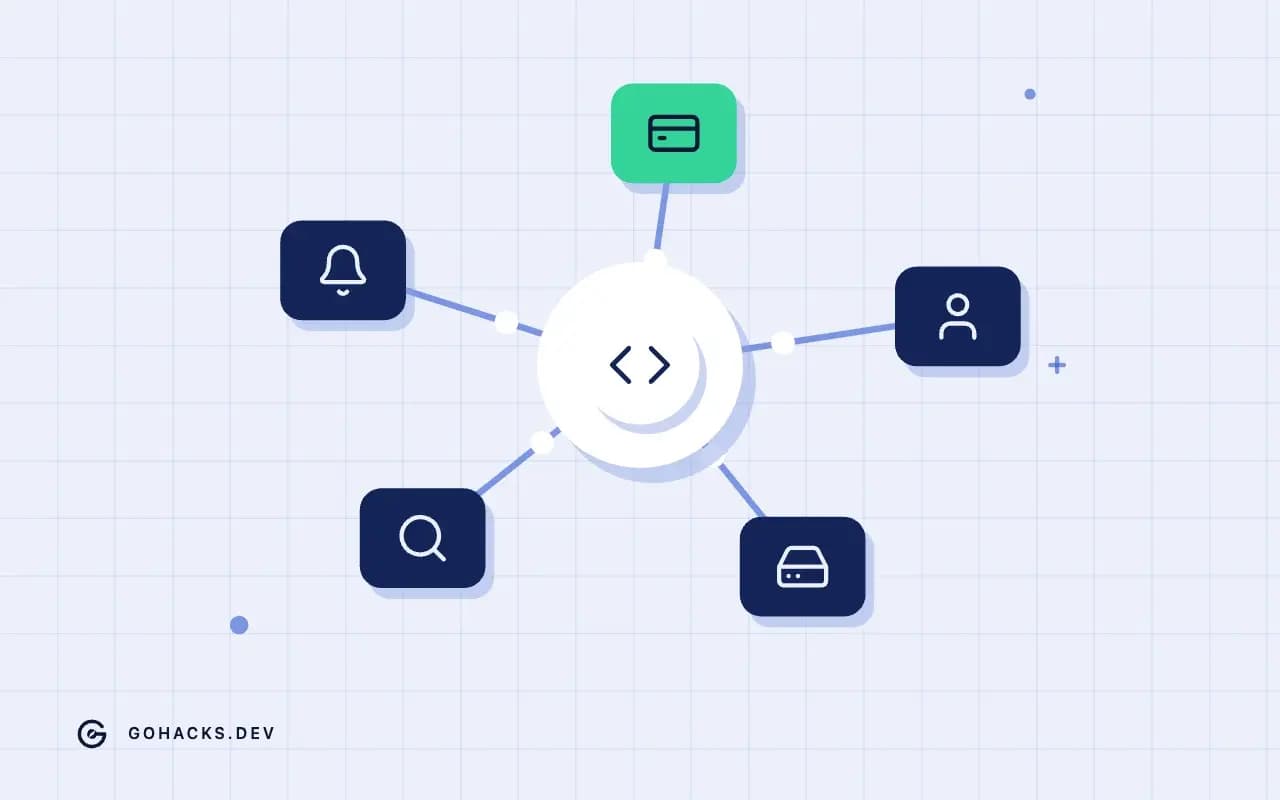 Flat illustration of a gateway connected to a ring of services.
