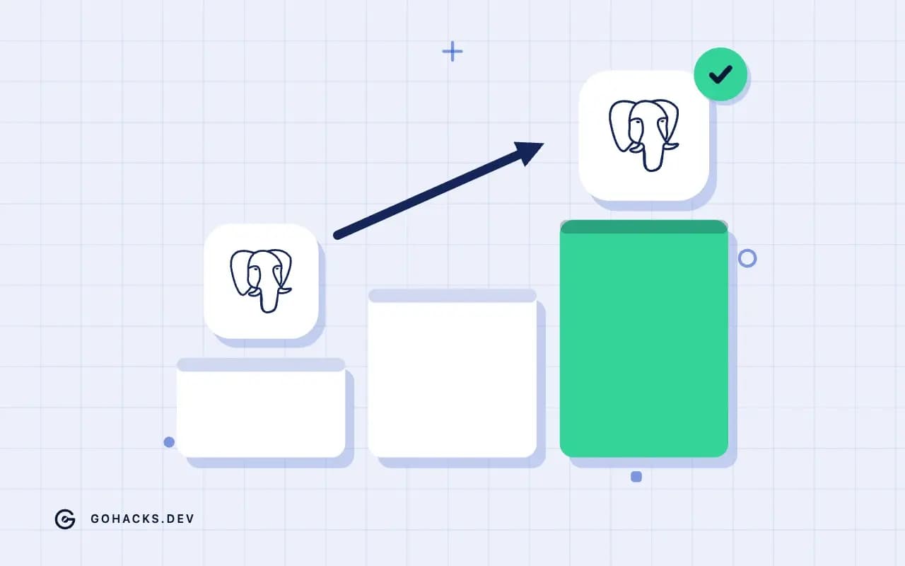 Flat illustration of a staircase from one version to the next, with the PostgreSQL logo.