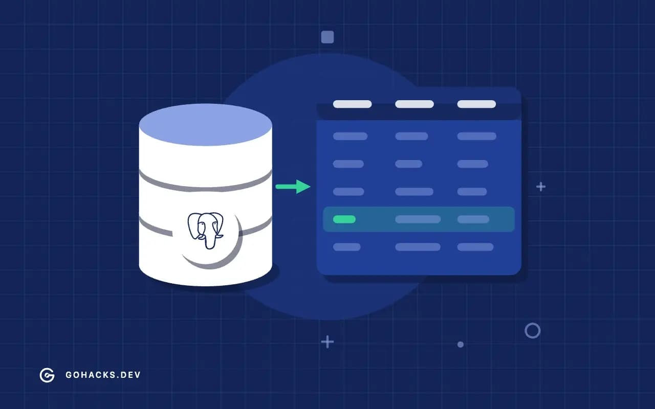 Flat illustration of a database beside the table it holds, with the PostgreSQL logo.