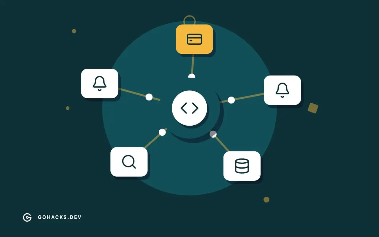 Flat illustration of a gateway connected to a ring of services.