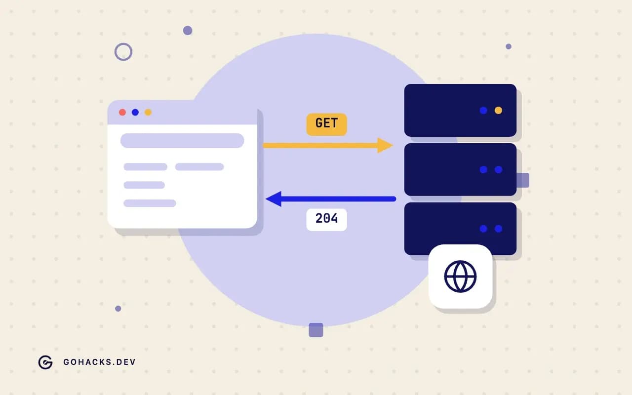Flat illustration of a browser and a server trading a request and a response.