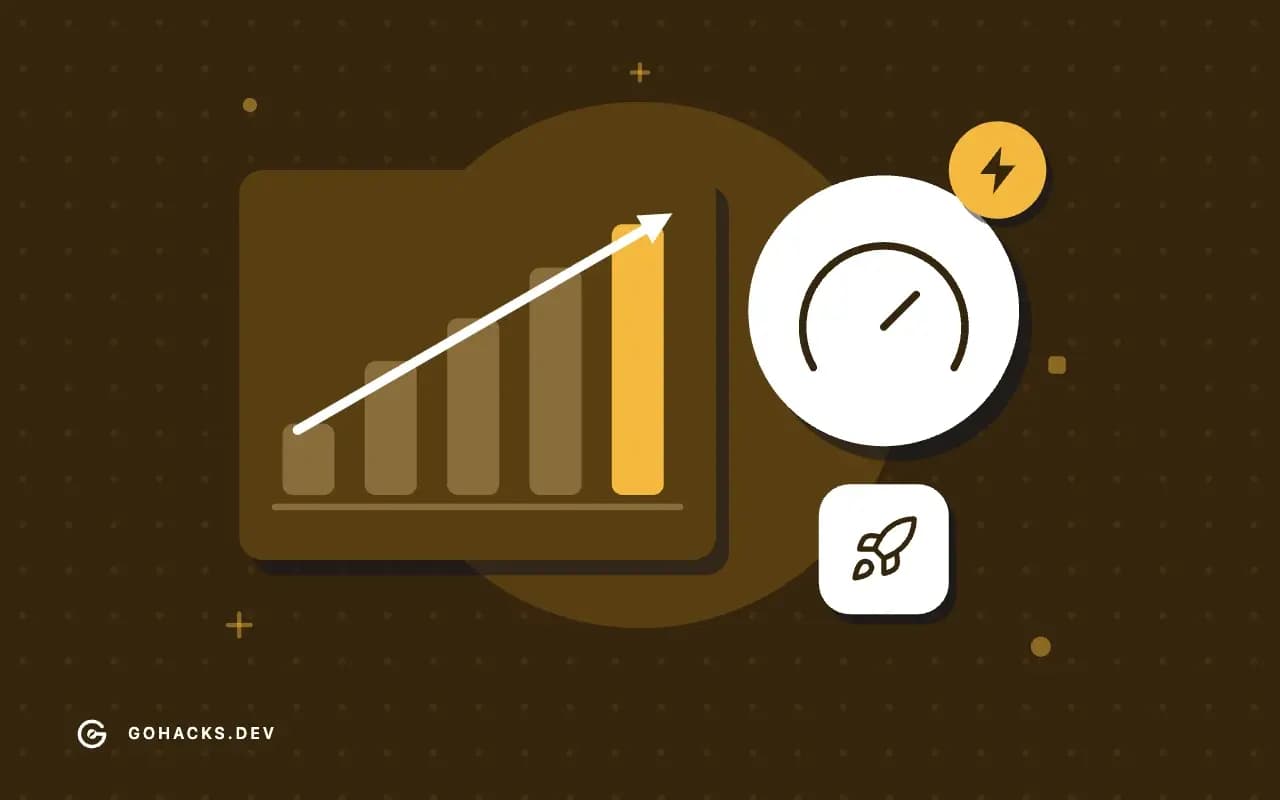 Flat illustration of a rising bar chart and a gauge.